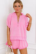 Half Zip Puff Sleeve Top and Ruffled Shorts Set